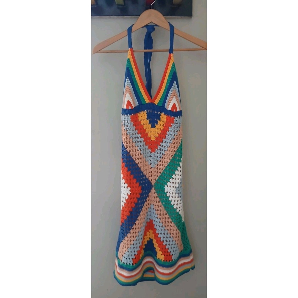 New Steve Madden Linda Crochet  Mini Dress Size Large Halter Rainbow Hippie Y2K
